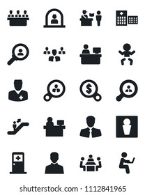 Set of vector isolated black icon - passport control vector, escalator, male, baby, reception, medical room, manager place, hospital, doctor, client, user, meeting, search, consumer, group, money