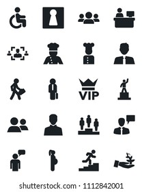 Set of vector isolated black icon - female vector, vip, speaking man, pedestal, manager place, disabled, pregnancy, group, user, hr, career ladder, estate agent, cook, palm sproute