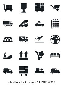Set of vector isolated black icon - taxi vector, departure, baggage conveyor, waiting area, alarm car, ladder, seat map, wheelbarrow, earth, sea shipping, delivery, consolidated cargo, fragile