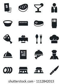 Set of vector isolated black icon - spoon and fork vector, waiter, cook, dish, restaurant table, hat, reserved, drink, cocktail, plates, cafe building, receipt, steak, ham, bowl, knife