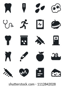 Set of vector isolated black icon - medical room vector, plant label, seeds, heart pulse, diagnosis, stethoscope, dropper, run, tooth, caries, implant, clipboard, diet, pool, rolling pin, omelette