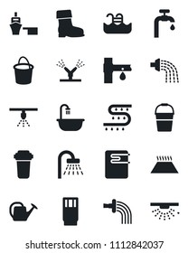 Set of vector isolated black icon - shower vector, watering can, bucket, boot, drip irrigation, sea port, pool, water supply, bathroom, drink, heater, filter, warm floor, sprinkler