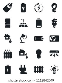 Set of vector isolated black icon - bulb vector, low battery, rca, charge, desk lamp, heater, air conditioner, fridge, home control, power plug, radiator, warm floor, energy saving, idea