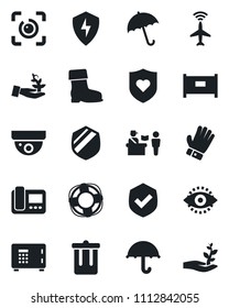 Set of vector isolated black icon - plane radar vector, fence, passport control, umbrella, trash bin, safe, glove, boot, heart shield, protect, eye id, intercome, surveillance, palm sproute