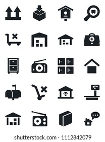 Set of vector isolated black icon - checkroom vector, bird house, doctor case, warehouse storage, up side sign, no trolley, package, heavy scales, search cargo, radio, blank box, archive, mailbox