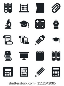 Set of vector isolated black icon - contract vector, book, calculator, graduate, abacus, notepad, presentation board, microscope, copybook, paper clip, ink pen, pencil