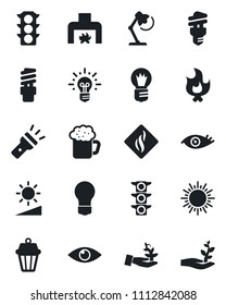 Set of vector isolated black icon - sun vector, bulb, fire, eye, traffic light, torch, brightness, desk lamp, fireplace, beer, smoke detector, energy saving, outdoor, palm sproute, idea