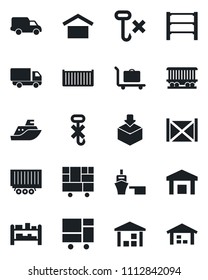 Set of vector isolated black icon - baggage trolley vector, railroad, sea shipping, truck trailer, cargo container, car delivery, port, consolidated, warehouse storage, no hook, package, rack