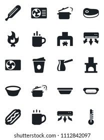 Set of vector isolated black icon - hot cup vector, coffee, fire, fireplace, thermometer, air conditioner, steak, dog, bowl, steaming pan, turkish