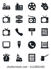 Set of vector isolated black icon - alarm clock vector, phone, abacus, plant label, reel, flame disk, radio, tv, call, office, open close, turkish coffee