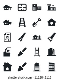 Set of vector isolated black icon - airport building vector, office, trowel, shovel, ladder, saw, house, hospital, with garage, tree, plan, estate document, sweet home, city