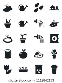 Set of vector isolated black icon - flower in pot vector, seedling, watering can, seeds, pond, tulip, oil barrel, house with tree, apple fruit, water filter