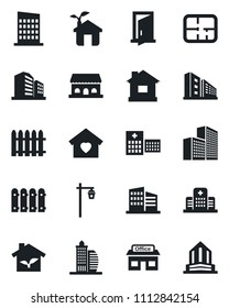 Set of vector isolated black icon - fence vector, house, garden light, hospital, store, office building, plan, sweet home, city, cafe, eco, door