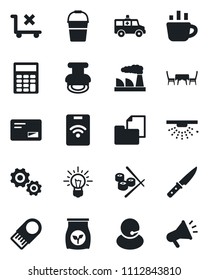 Set of vector isolated black icon - coffee vector, factory, bucket, fertilizer, ambulance car, support, folder document, no trolley, mail, calculator, stamp, cafe table, knife, sushi, usb flash