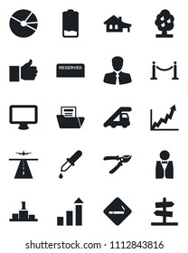 Set of vector isolated black icon - runway vector, fence, smoking place, ladder car, growth statistic, pruner, dropper, client, monitor, finger up, low battery, pie graph, document folder, waiter