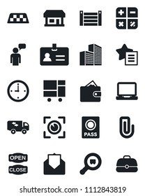Set of vector isolated black icon - taxi vector, passport, identity, speaking man, calculator, store, container, consolidated cargo, search, laptop pc, favorites list, mail, clock, paper clip, case