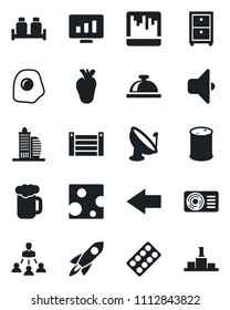 Set of vector isolated black icon - reception bell vector, left arrow, statistic monitor, pills blister, real heart, container, oil barrel, satellite antenna, scanner, archive box, hierarchy, beer