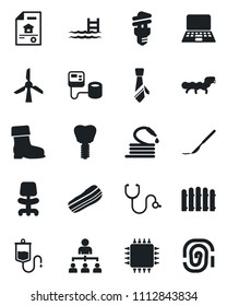 Set of vector isolated black icon - hierarchy vector, office chair, notebook pc, fence, boot, hose, caterpillar, stethoscope, blood pressure, dropper, scalpel, implant, tie, pool, estate document
