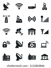 Set of vector isolated black icon - antenna vector, satellite, wireless notebook, office phone, radio, cellular signal, lock, router, garage gate control