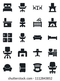 Set of vector isolated black icon - cafe vector, bed, checkroom, office chair, desk, fireplace, bedroom, children room, cushioned furniture, restaurant table, fridge
