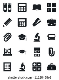 Set of vector isolated black icon - airport bus vector, checkroom, book, calculator, graduate, abacus, microscope, paper clip, pencil, stapler, case