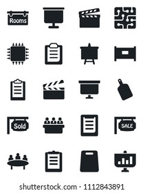 Set of vector isolated black icon - fence vector, presentation board, meeting, clipboard, clapboard, sale, rooms, sold signboard, cutting, chip