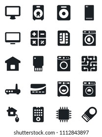 Set of vector isolated black icon - washer vector, calculator, monitor, speaker, phone back, sim, smart home, credit card, control, chip, remote, router, usb flash