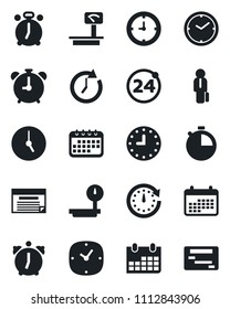 Set of vector isolated black icon - 24 around vector, alarm clock, calendar, heavy scales, stopwatch, manager, schedule