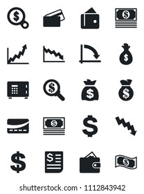 Set of vector isolated black icon - safe vector, dollar sign, money bag, crisis graph, cash, receipt, credit card, wallet, growth, search