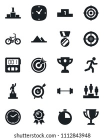 Set of vector isolated black icon - pedestal vector, medal, barbell, bike, run, clock, stopwatch, target, mountains, award cup
