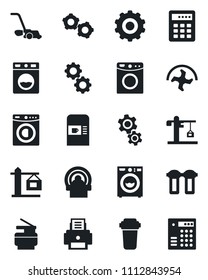 Set of vector isolated black icon - coffee machine vector, gear, ripper, lawn mower, tomography, printer, copier, washer, crane, water filter, combination lock