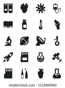 Set of vector isolated black icon - satellite antenna vector, book, dropper, microscope, ampoule, real heart, joint, virus, sd, thermometer, rocket, flask