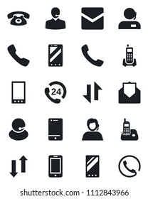 Set of vector isolated black icon - mobile phone vector, office, 24 hours, support, cell, radio, mail, call, data exchange