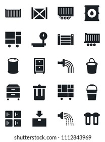 Set of vector isolated black icon - trash bin vector, checkroom, bucket, watering, truck trailer, cargo container, consolidated, package, oil barrel, heavy scales, archive box, water filter