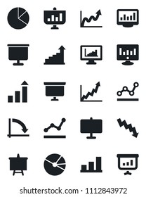 Set of vector isolated black icon - growth statistic vector, presentation board, crisis graph, monitor, statistics, bar, pie, point