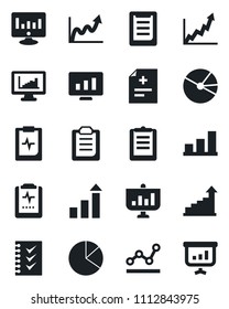 Set of vector isolated black icon - growth statistic vector, monitor, diagnosis, pulse clipboard, statistics, bar graph, pie, checklist, point, presentation