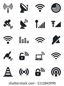 Set of vector isolated black icon - antenna vector, wireless notebook, border cone, radar, satellite, equalizer, mute, cellular signal, lock