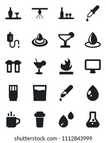 Set of vector isolated black icon - hot cup vector, water drop, dropper, flammable, monitor, alcohol, drink, cocktail, filter, sprinkler, flask