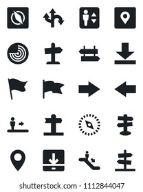 Set of vector isolated black icon - elevator vector, escalator, signpost, right arrow, left, radar, route, pin, download, place tag, compass, flag, guidepost