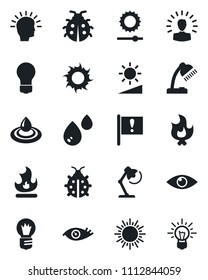Set of vector isolated black icon - sun vector, bulb, lady bug, fire, eye, important flag, brightness, desk lamp, water, shining head, idea