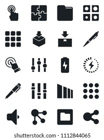 Set of vector isolated black icon - package vector, sorting, settings, touch screen, menu, folder, charge, application, pen, sound, social media