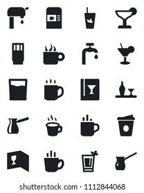 Set of vector isolated black icon - hot cup vector, coffee machine, water supply, alcohol, wine card, drink, cocktail, phyto bar, turkish