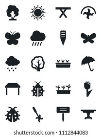 Set of vector isolated black icon - umbrella vector, sun, ripper, tree, butterfly, lady bug, seedling, rain, plant label, picnic table, tulip