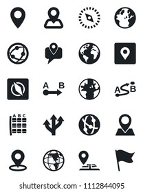 Set of vector isolated black icon - seat map vector, route, navigation, earth, pin, mobile tracking, network, place tag, compass, flag