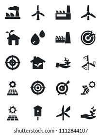 Set of vector isolated black icon - factory vector, bird house, target, sun panel, windmill, eco, water, palm sproute