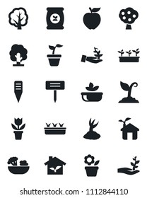 Set of vector isolated black icon - flower in pot vector, seedling, tree, sproute, plant label, fertilizer, fruit, salad, apple, eco house, palm