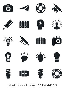 Set of vector isolated black icon - automatic door vector, brainstorm, bulb, camera, pencil, fence, rolling pin, energy saving, shining head, idea, paper plane, crisis management