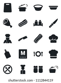 Set of vector isolated black icon - cook vector, cafe, hat, menu, bacon, salt and pepper, ham, bowl, cutting board, knife, steaming pan