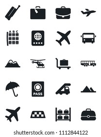 Set of vector isolated black icon - plane vector, taxi, suitcase, baggage trolley, airport bus, umbrella, passport, ladder car, helicopter, seat map, luggage storage, mountains, case