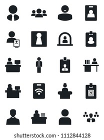 Set of vector isolated black icon - female vector, reception, manager, identity card, place, patient, user, desk, estate agent, pass, group
